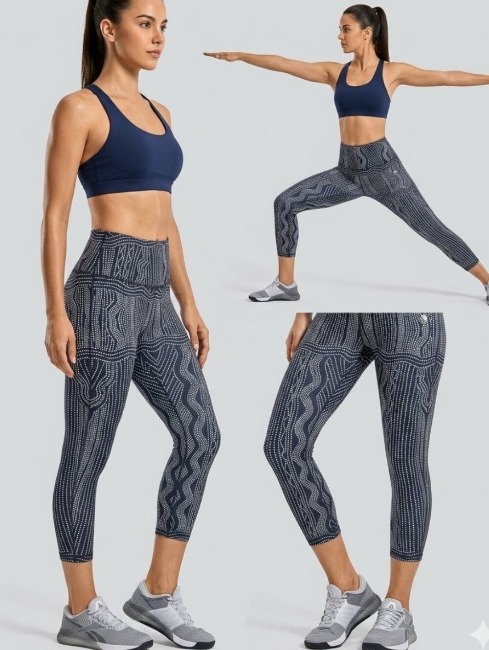 ICYZONE High-Waist Black & White Abstract Patterned Capri Leggings -large